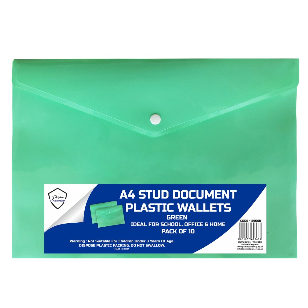 Prime A4 Stud Wallet Green Pack of 10